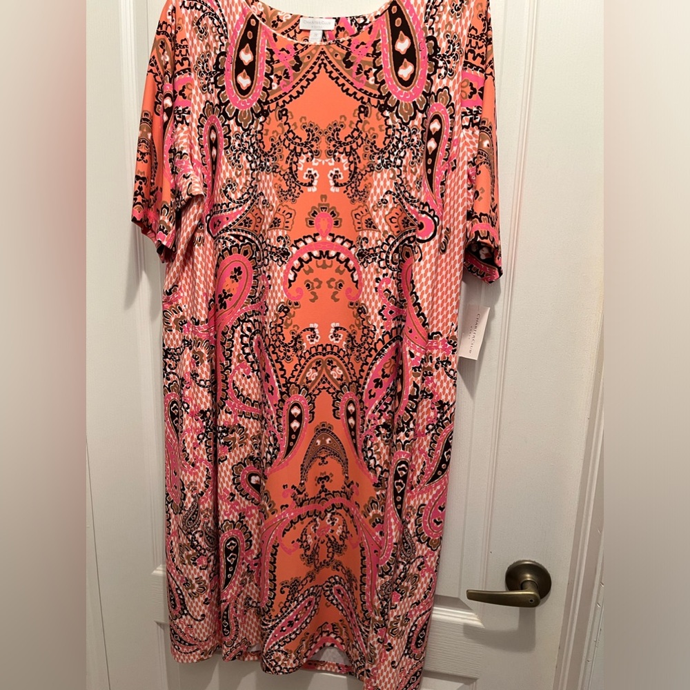 NWT Striking Dress by Charter Club, Coral, Pink, Brown & White print 2X